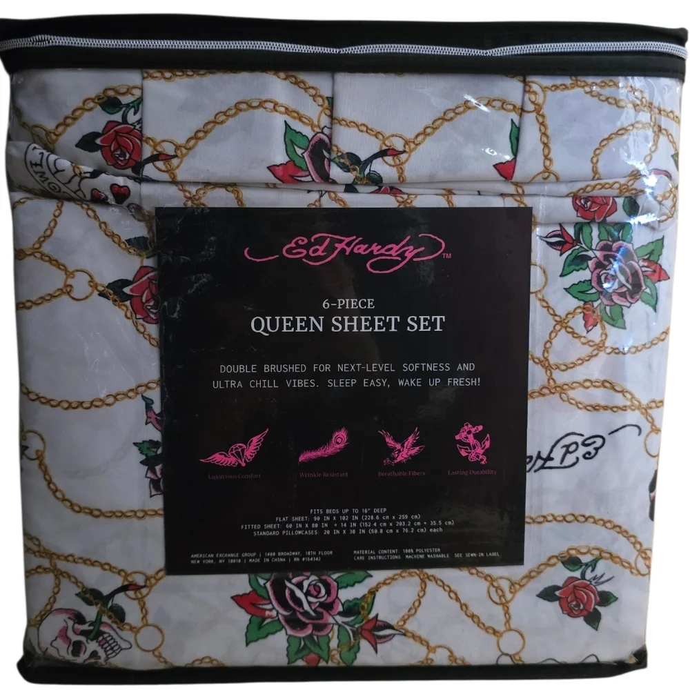 ❤️‍🔥 Ed Hardy 6 Piece Queen Sheet Set ~ Hard To Find